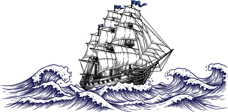 Vintage Woodcut Style Sailing Ship Engraving on Rough Ocean Waves for Nautical Branding, Maritime History Illustrations, Sailing Club Logos, and Antique Marine Design