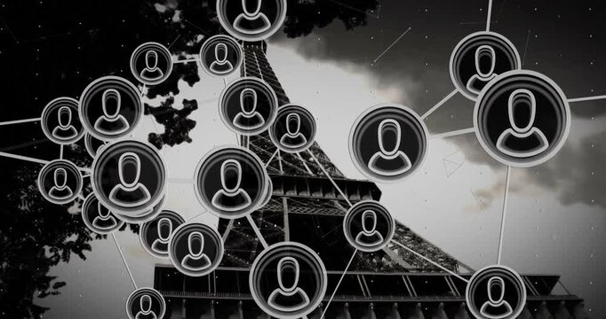 Over Eiffel Tower, animation of user icons connecting in monochrome background