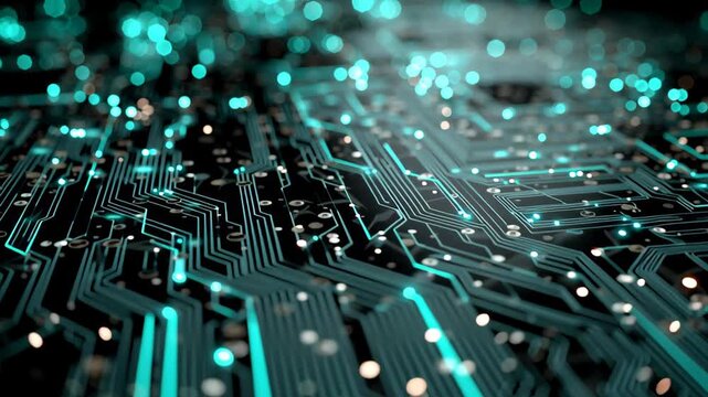 Illustrating artificial intelligence and technology A close-up shot of a circuit board with glowing lights creates a futuristic and digital background commercial and editorial projects related.