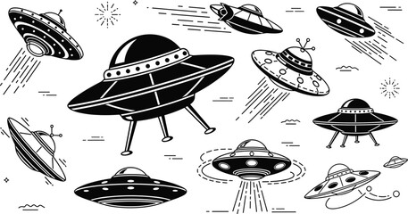 Retro Style UFO and Flying Saucer Vector Collection with Space Ships and Alien Craft Icons for Science Fiction Comic Books and Extraterrestrial Mystery Graphic Designs © MdRoni