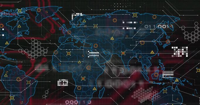 Neon-blue map tracing NA, expanding, skull emblem pulsing, symbols glitching cyber monitoring