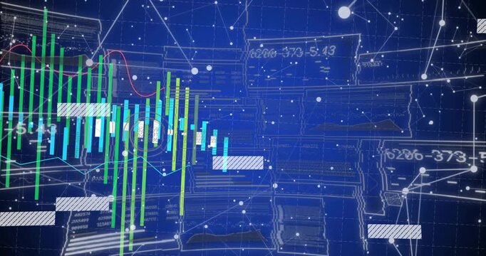 On animation start grid activating bars growing as red trendline drawing to illustrate market trend