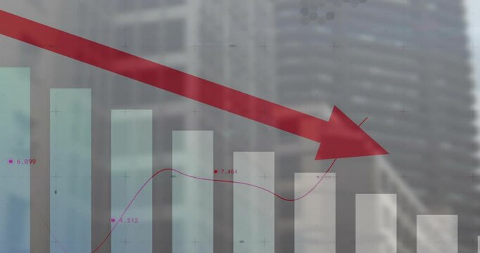 On start, red arrow moving from top-left across bars; line graph weaving emphasizing trend decline