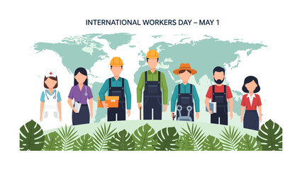 Workers Day Solidarity: A diverse collection of workers stands together, against a backdrop of the world map, celebrating International Workers' Day with unity and solidarity. © Karima