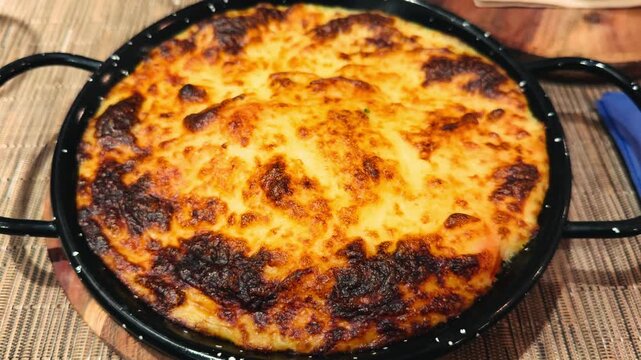 French style duck and potato casserole topped with melted cheese. Classic hachis parmentier with tender duck meat, creamy mashed potatoes, and crispy golden crust. High quality 4k footage