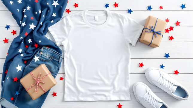 White t-shirt with gifts and patriotic decor