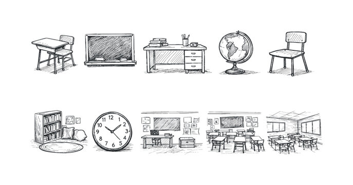 Hand-drawn school classroom elements and scenes for educational design