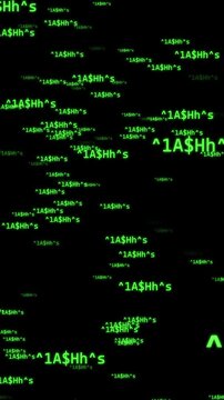 Vertical video of abstract green matrix digital code characters moving forward toward the camera on a dark background. Random alphanumeric symbols create a futuristic depth effect.