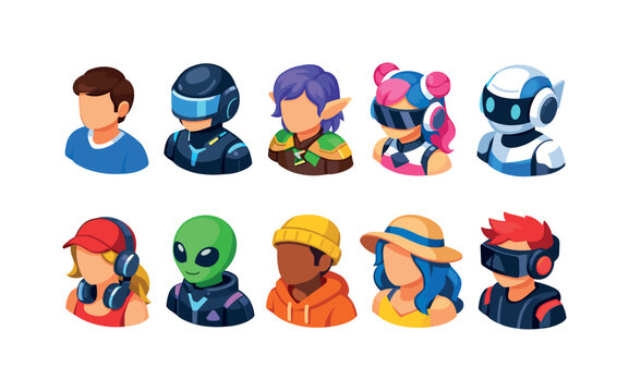 Diverse collection of stylized avatars representing various characters and styles