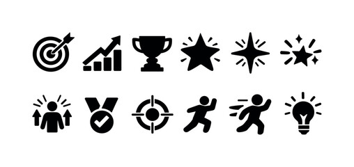 Obraz premium Collection of black icons representing success, achievement, and progress on a white background