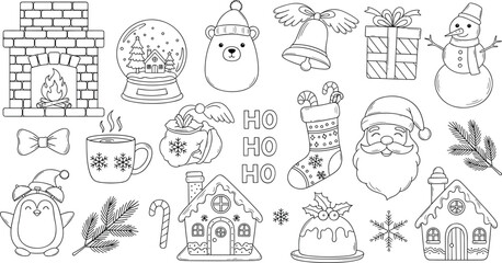 Hand-Drawn Christmas Illustration Collection Featuring Santa, Snowman, Fireplace, Gifts, and Holiday Symbols for Winter Greetings and Decor Designs © MdJillur