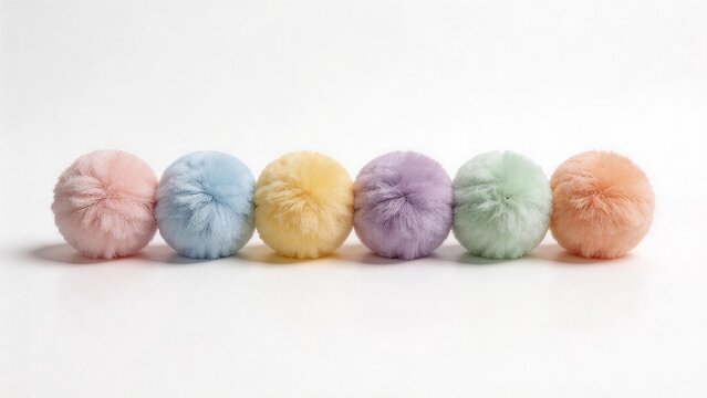 Colorful fluffy pom poms in a row