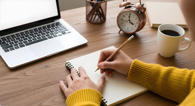 Woman writing in notebook at desk with laptop and coffee