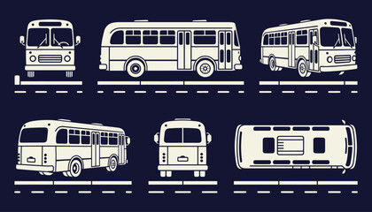 Set of vintage bus illustrations showing multiple view angles on orange background © 777SKYLABS