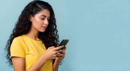 Naklejka premium Woman in yellow shirt focused on her smartphone screen