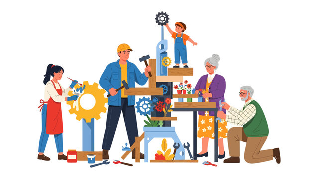 Constructing Community: A collaborative illustration of a multigenerational group working together on a construction project, symbolizing unity and shared endeavor.