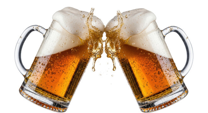 Two glass beer mugs clinking in a toast with a dramatic splash of golden lager frozen in mid-air on a white background, concept for beverage advertising