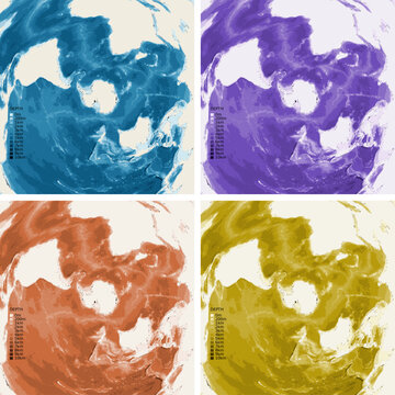 World from South Pole Bathymetric Ocean Depth Map - Azimuthal Equidistant Projection - Scalable Multi-Color Seafloor Relief Topography with Depth Legend Showing Continental Shelves Mid-Ocean Ridges