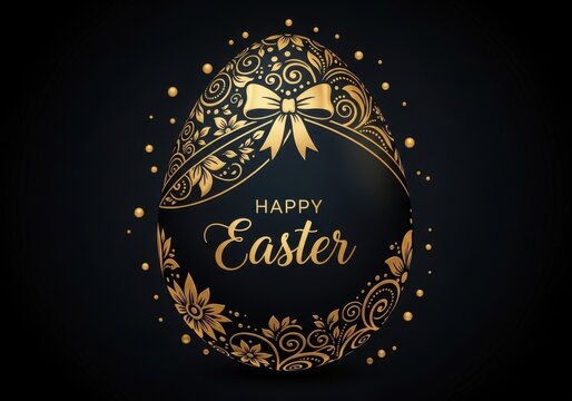 An elegant black and gold easter egg illustration featuring ornate floral patterns and a cute bow