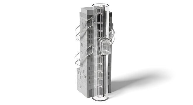 A 3d rendered architectural model of a modern skyscraper featuring a glass exterior elevator shaft