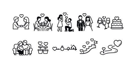 Obraz premium Collection of simple icons depicting relationship milestones and love