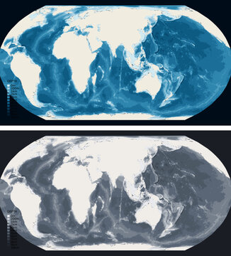 World Indian Ocean Bathymetric Ocean Depth Map - Equal Earth Projection - Scalable Multi-Color Seafloor Relief Topography with Depth Legend Showing Continental Shelves Mid-Ocean Ridges and Abyssal