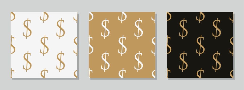 Seamless dollar sign patterns in gold, black and white colors. Minimalist money symbol pattern set