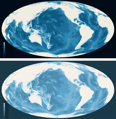 World Pacific Centered Bathymetric Ocean Depth Map - Mollweide Projection - Scalable Multi-Color Seafloor Relief Topography with Depth Legend Showing Continental Shelves Mid-Ocean Ridges and Abyssal © Ana Krasavina