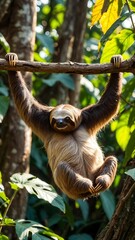 Fototapeta premium A smiling three-toed sloth hangs upside down from a thick tree branch in a vibrant, sunlit tropical rainforest canopy.