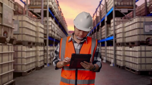 Asian Male Engineer With Safety Helmet Working On A Tablet While Standing at Warehouse with Containers and Barrels