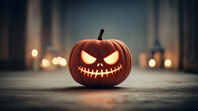 Gleaming Jack-O'-Lantern: Spooky Halloween Pumpkin with Fiery Glow