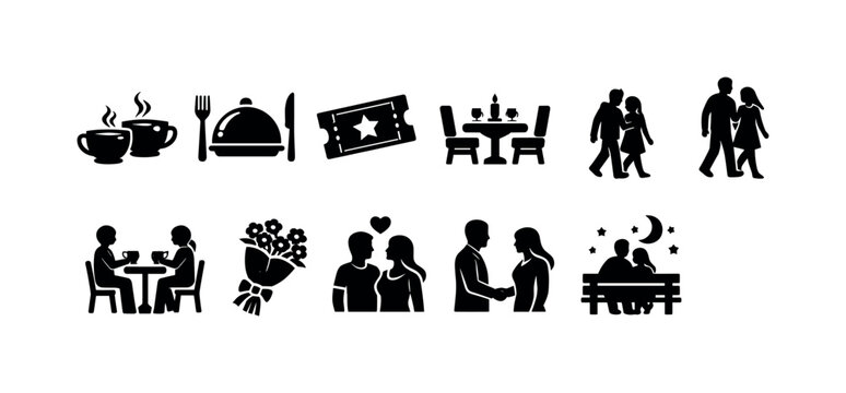 Collection of romantic date icons representing various couple activities and moments