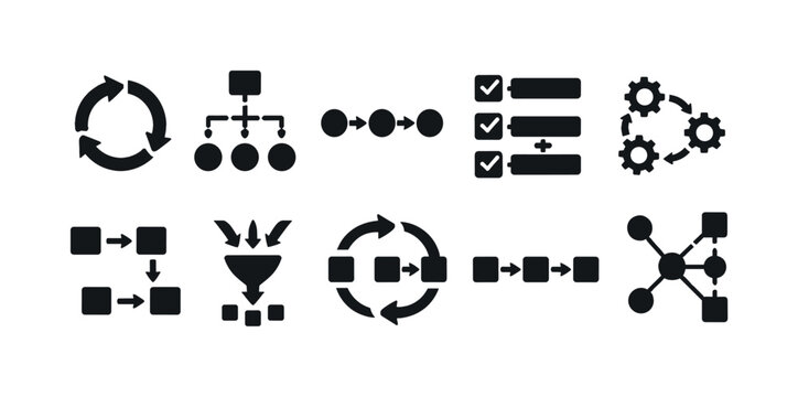 Collection of workflow and process flow diagram icons in black and white