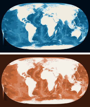World Standard Bathymetric Ocean Depth Map - Natural Earth II Projection - Scalable Multi-Color Seafloor Relief Topography with Depth Legend Showing Continental Shelves Mid-Ocean Ridges and Abyssal
