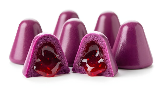 Traditional Belgian cone-shaped purple Cuberdon candies filled with sweet raspberry syrup, isolated on white. Great for candy shops