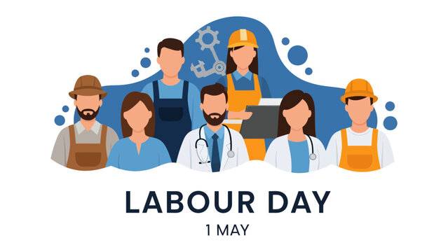 Labour Day Celebration: A diverse group of essential workers come together, signifying unity and respect for all laborers, with a celebratory banner marking the occasion of Labour Day.