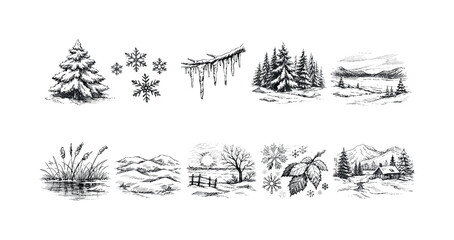 Fototapeta premium Collection of hand-drawn winter scenes and elements in sketch style