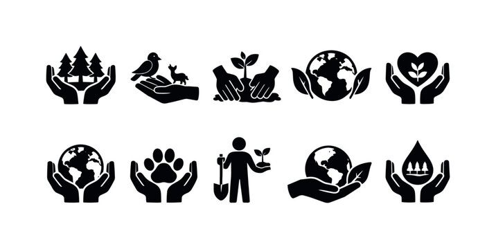 Collection of icons representing environmental protection and conservation efforts
