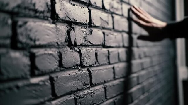 A modern hand in dark attire gently brushes a distressed black and charcoal brick wall, highlighted by dramatic chiaroscuro lighting, macro video with shallow depth of field. Concept of industrial