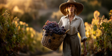 Naklejka premium Woman strolling in vineyard. Serene scene of woman in vineyard during harvest season