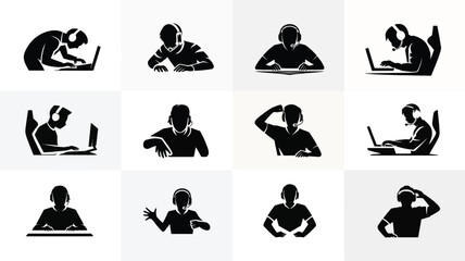 Obraz premium Silhouettes of people working on laptops in various poses expressing focus and productivity in a minimalist style