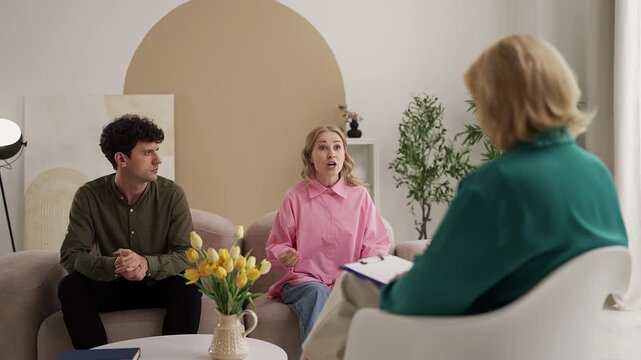 Nervous woman sharing complaints about husband with psychologist in session