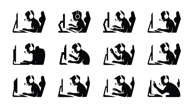 Silhouettes of people using laptops and mobile devices in various seated positions minimalist design monochrome style technology concept