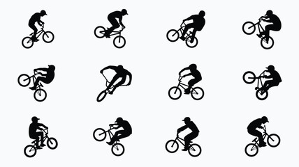 Fototapeta premium Silhouette icons of a cyclist performing various dynamic bmx tricks and stunts in mid air showcasing action and agility against a clean white background