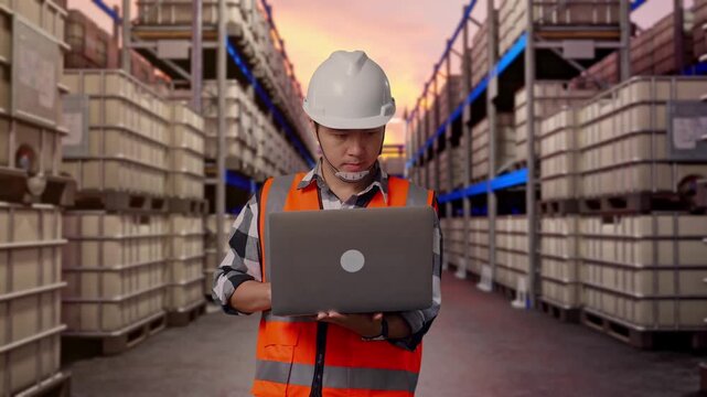 Asian Male Engineer With Safety Helmet Working On A Laptop While Standing at Warehouse with Containers and Barrels