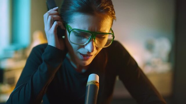 Female radio operator listening to a message in the headphones pressed to one ear and speaking into a microphone. Selective focus
