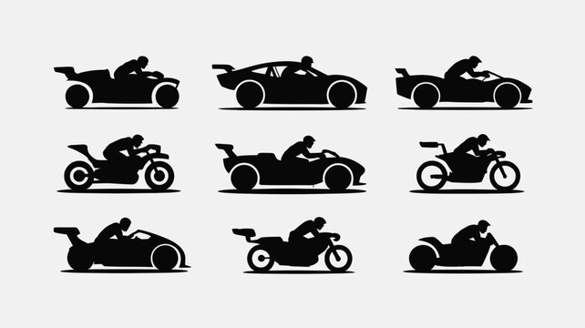 Black silhouettes of sports cars and motorcycles in dynamic poses sleek designs and minimalist style on a light background