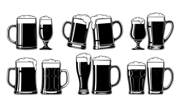 Beer stein cheers silhouette vector set Oktoberfest pub celebration icons isolated on white
