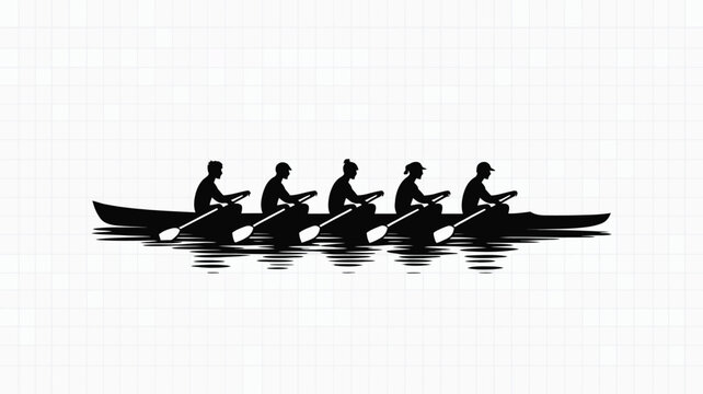 Silhouette of five people rowing together in a synchronized team effort on calm water in a minimalist style