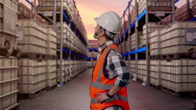Side View Of Asian Male Engineer Wearing Safety Helmet Looking Around While Standing With Arms Akimbo at Warehouse with Containers and Barrels